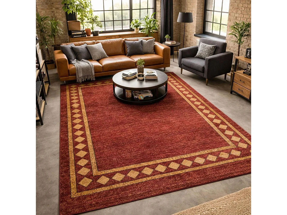 tapis chambre 100x150 tissé rouge rectangle motif simple CHOBAY 3