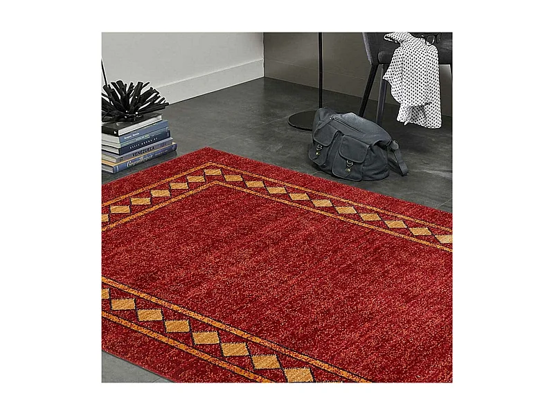 tapis chambre 100x150 tissé rouge rectangle motif simple CHOBAY 3