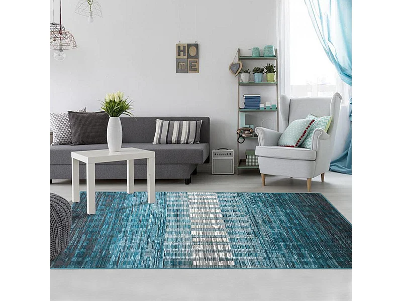 tapis chambre 60x110 tissé bleu et blanc rectangle motif géométrique LYN1 GEOFLOU
