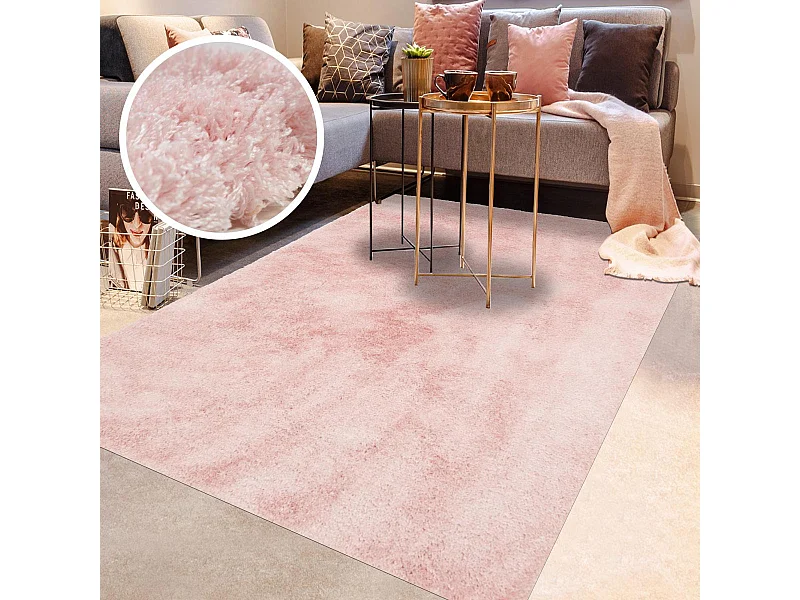 Tapis longs poils shaggy 80x150 rectangle fait à la main rose motif uni CHIC