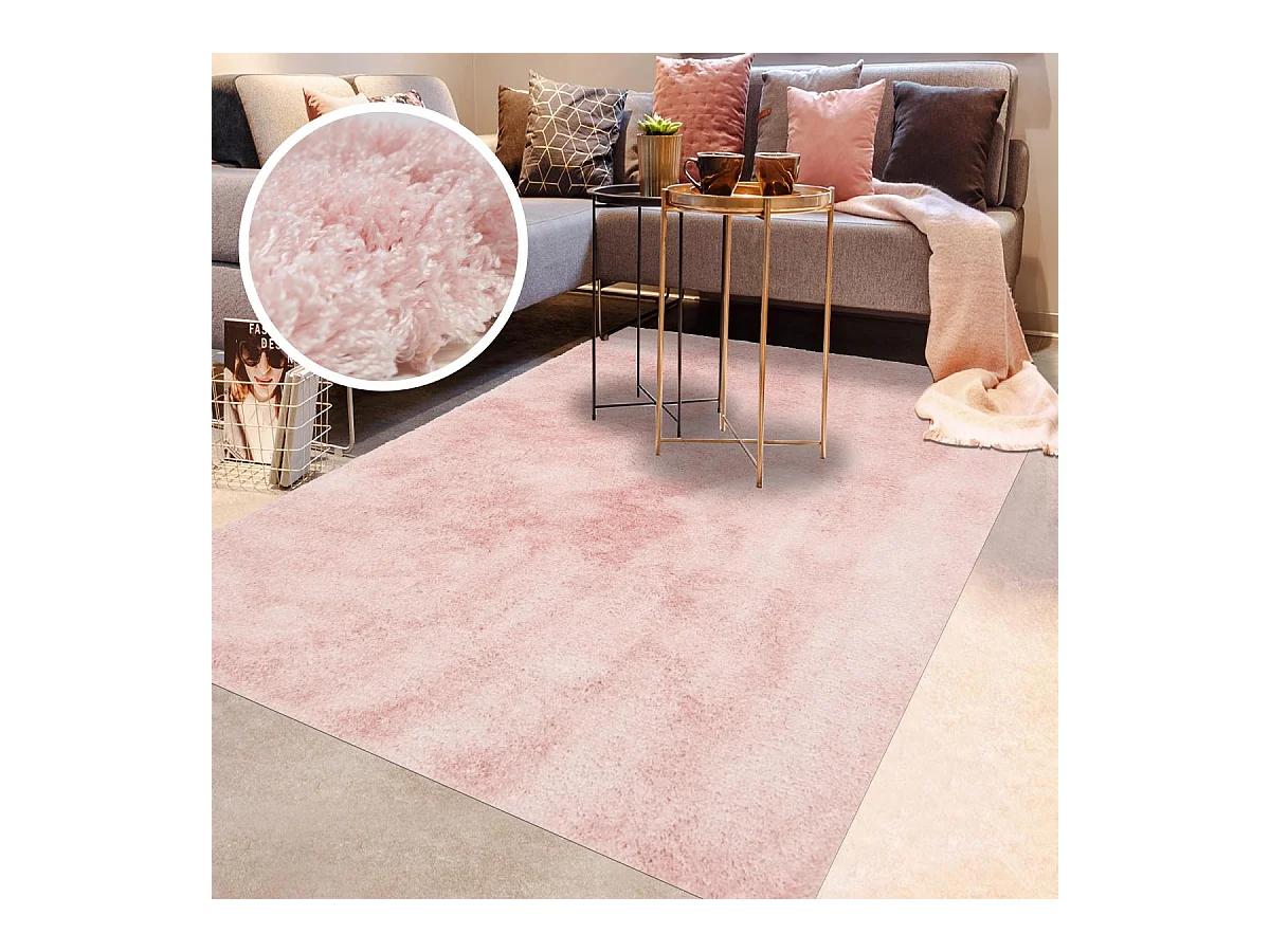 Tapis longs poils shaggy 80x150 rectangle fait à la main rose motif uni CHIC