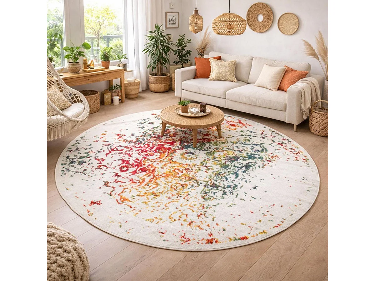 Tapis oriental Ø160cm rond multicolore tissé motif ancestral DESTRUCT 2