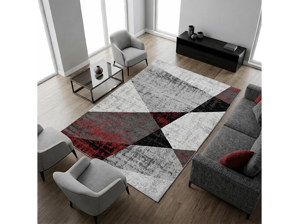 tappeto da soggiorno 200x280 motivo geometrico rettangolare intrecciato grigio e rosso ROSALINE