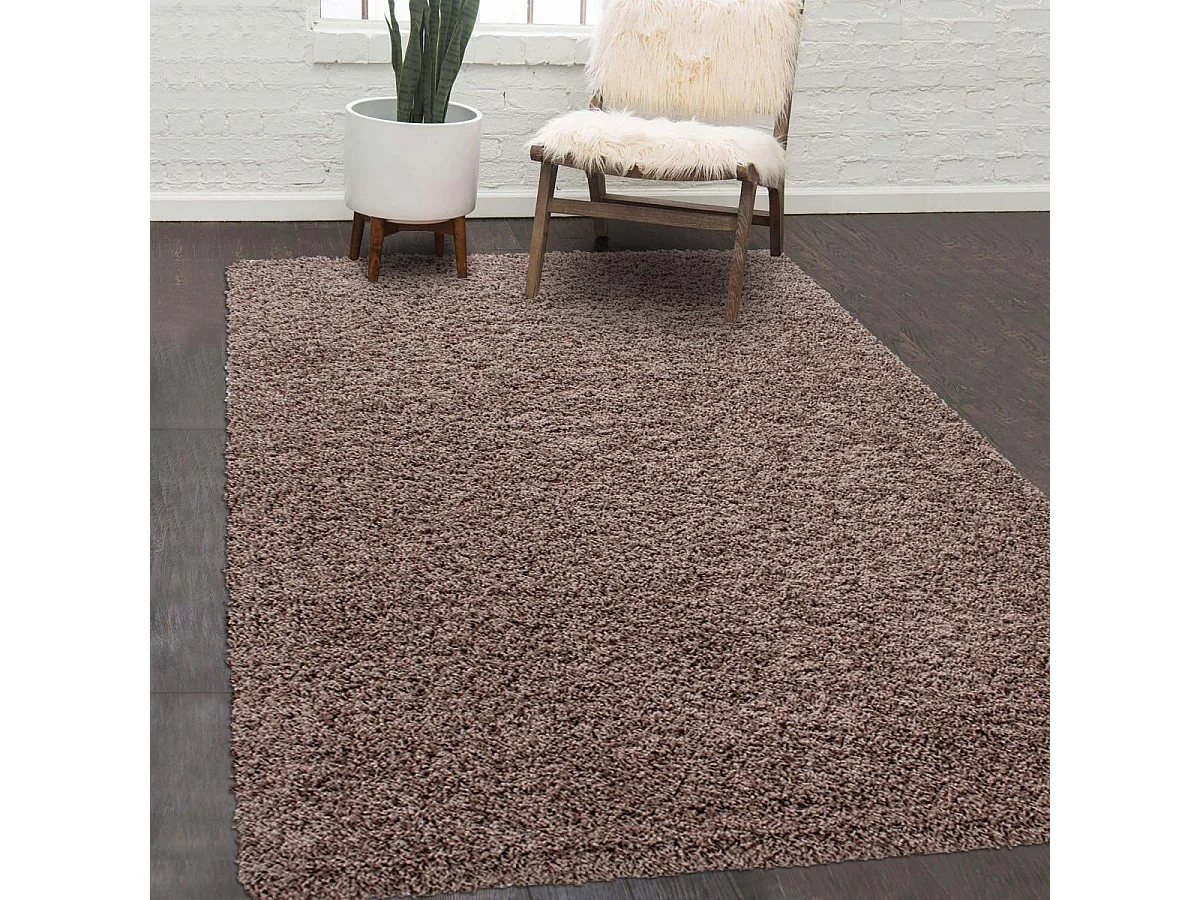 Tapis poils longs shaggy Ø120cm rond tissé marron clair motif uni UNI C