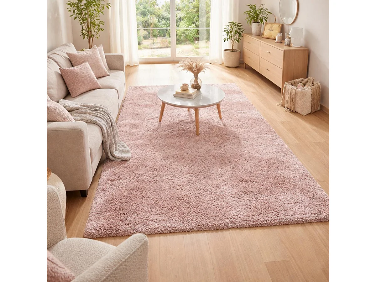 Tapis poils longs shaggy 140x200 rectangle tissé rose motif uni UNI B