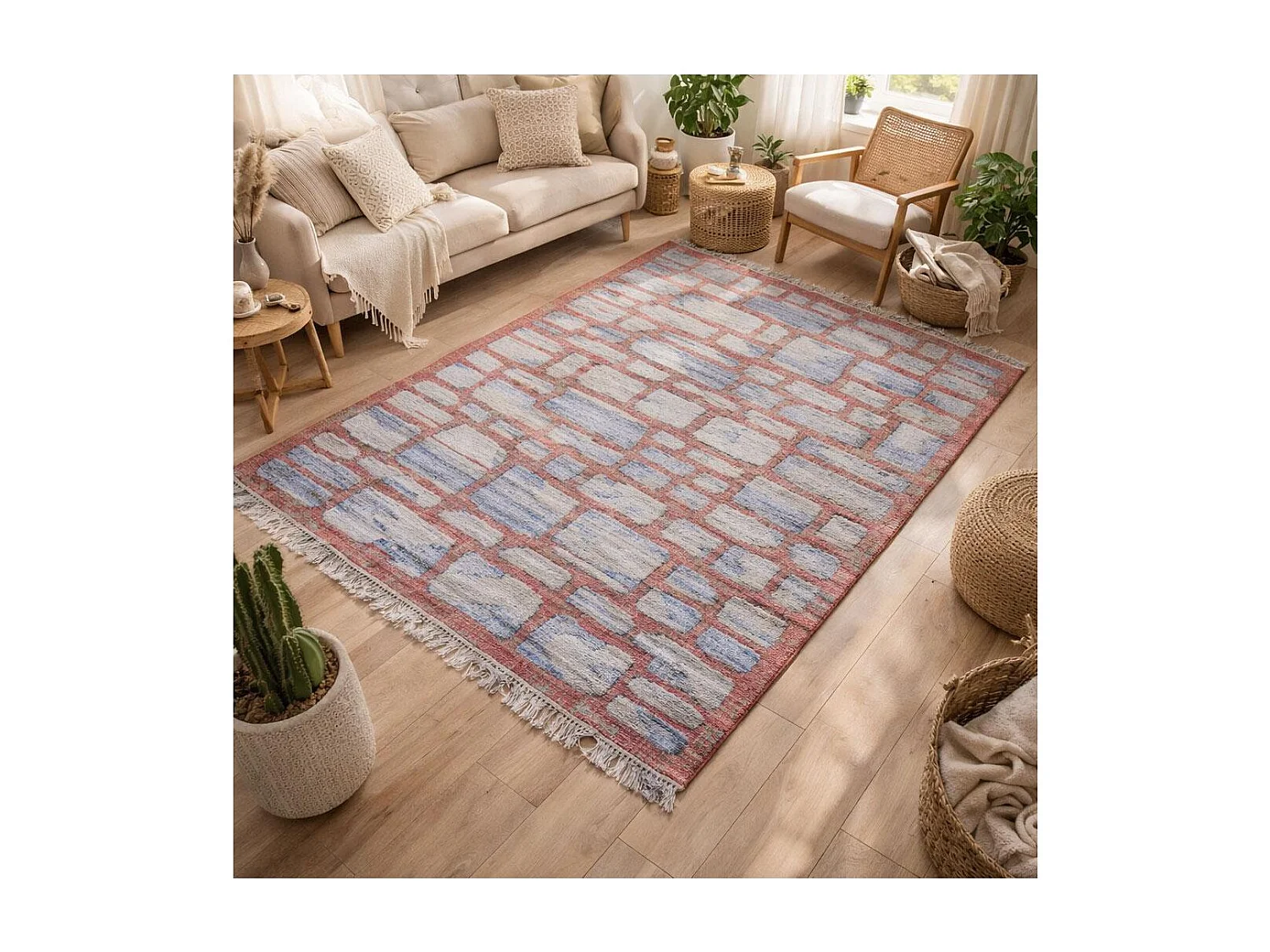 Tapis en jute 240x340 fait à la main bleu et gris JUTAP