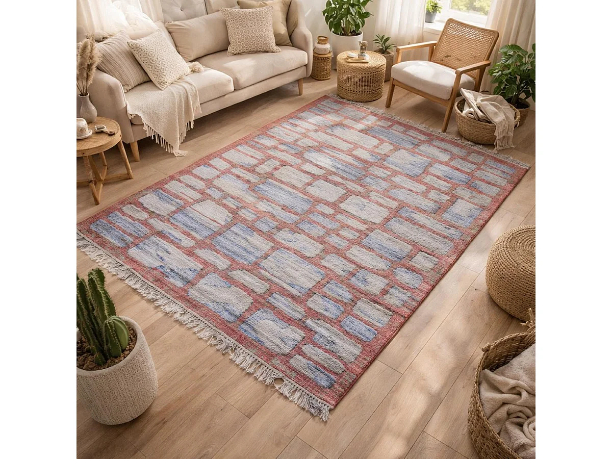 Tapis en jute 240x340 fait à la main bleu et gris JUTAP