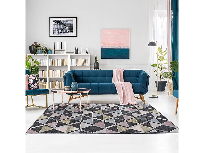 tapis chambre 120x170 tissé en viscose gris et rose motif scandinave