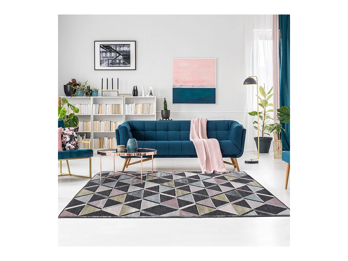 tapis chambre 120x170 tissé en viscose gris et rose motif scandinave