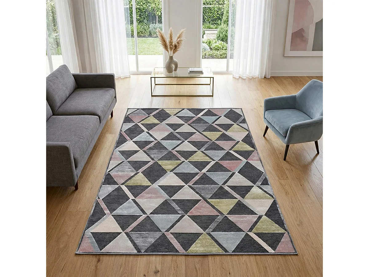 tappeto per camera da letto 120x170 tessuto in viscosa grigia e rosa con motivo scandinavo