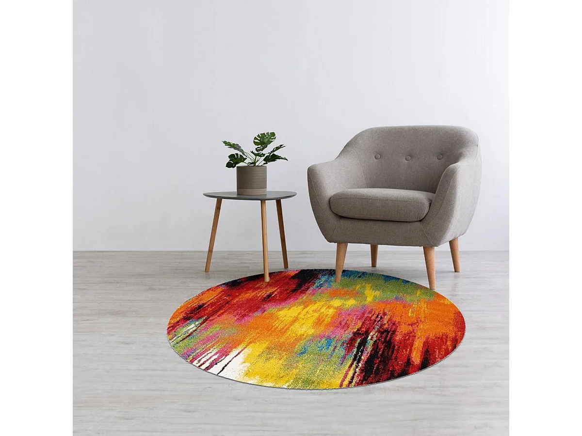 tapis chambre Ø100cm tissé multicolore rond motif géométrique BELO 1