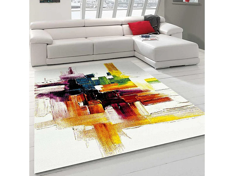 tapis chambre 80x150 tissé crème rectangle motif abstrait LYN8 BELO 3