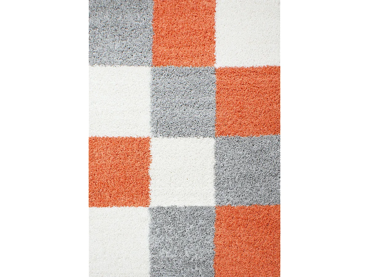 Tapis poils longs shaggy 80x150 rectangle tissé orange et gris motif damier