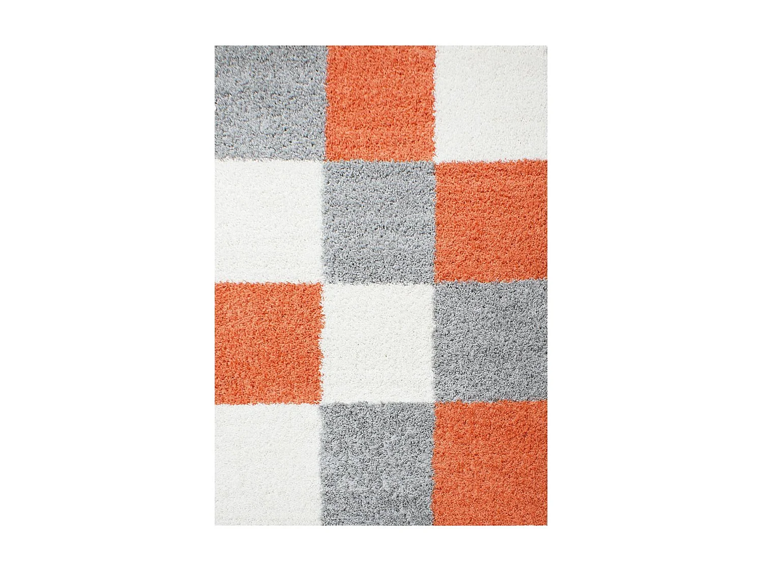 Tapis poils longs shaggy 80x150 rectangle tissé orange et gris motif damier