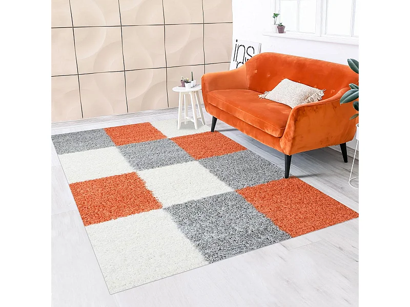 Tapis poils longs shaggy 80x150 rectangle tissé orange et gris motif damier