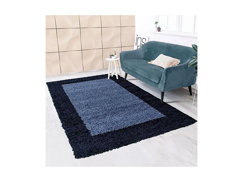 Tapis poils longs shaggy Ø120cm rond tissé bleu et bleu foncé motif simple