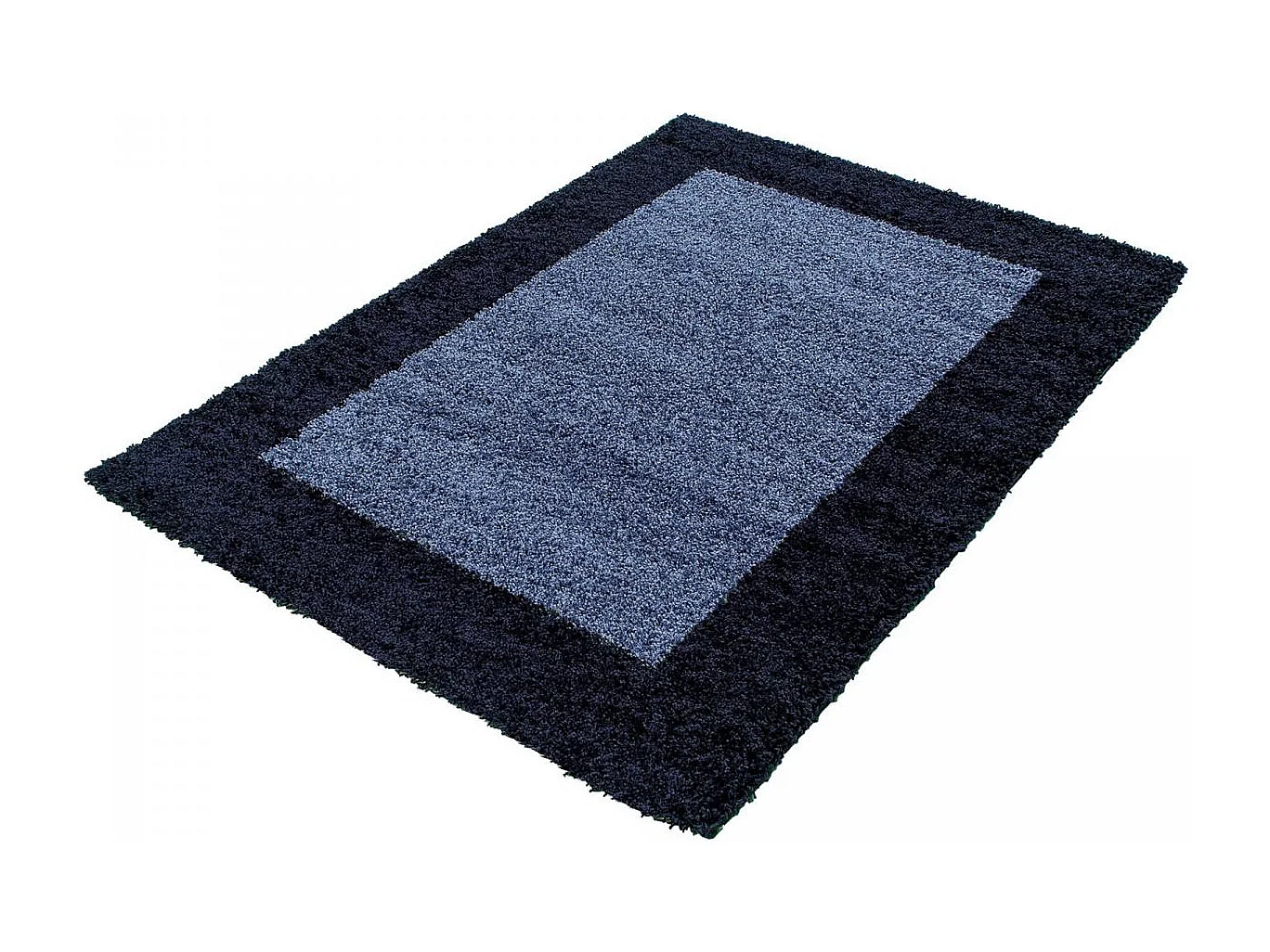 Tapis poils longs shaggy Ø120cm rond tissé bleu et bleu foncé motif simple