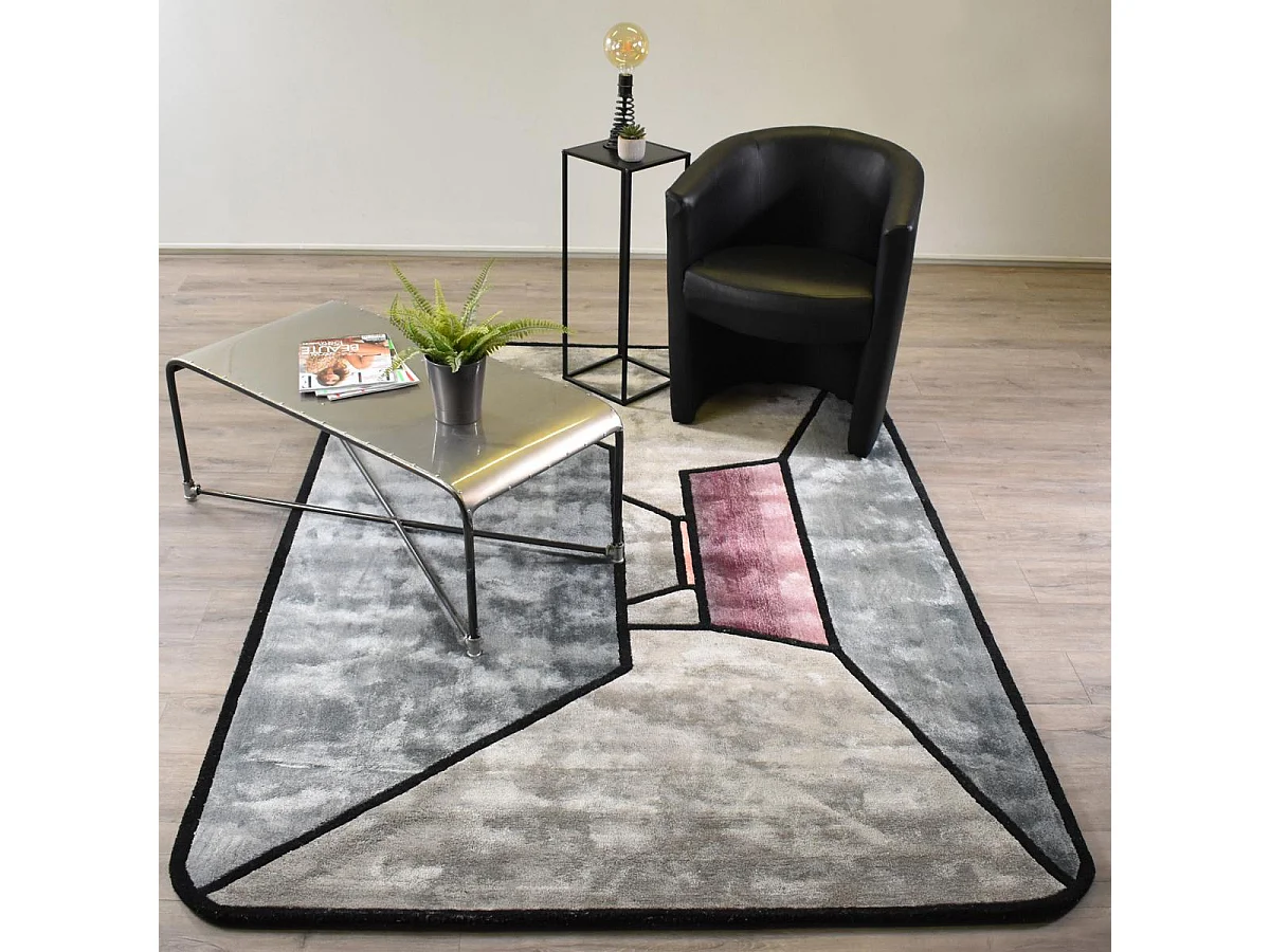 tapis salon 200x300 fait à la main en laine gris et bleu motif géométrique