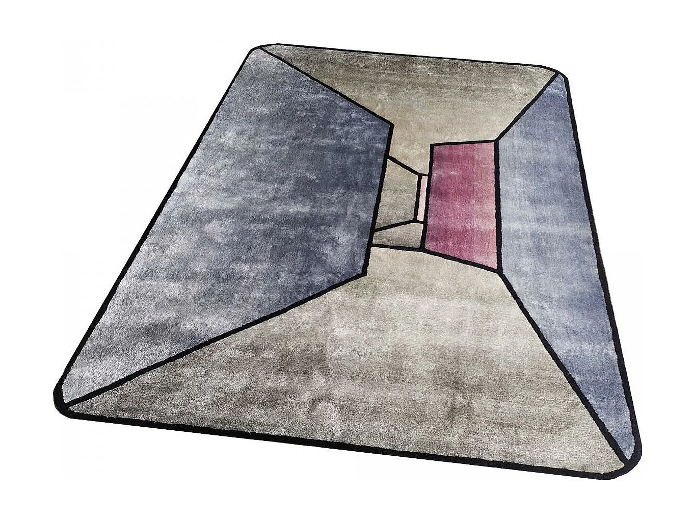 tapis salon 200x300 fait à la main en laine gris et bleu motif géométrique