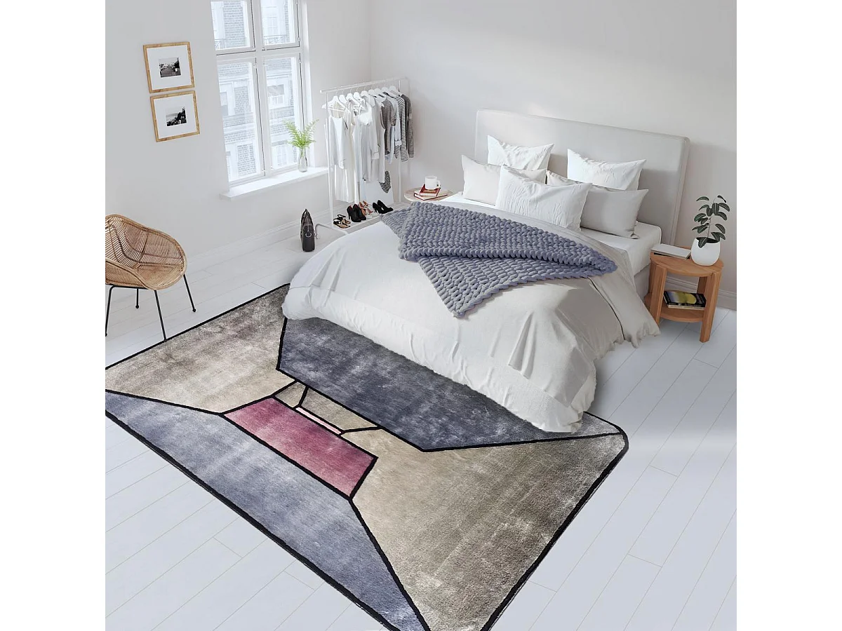 tapis salon 200x300 fait à la main en laine gris et bleu motif géométrique