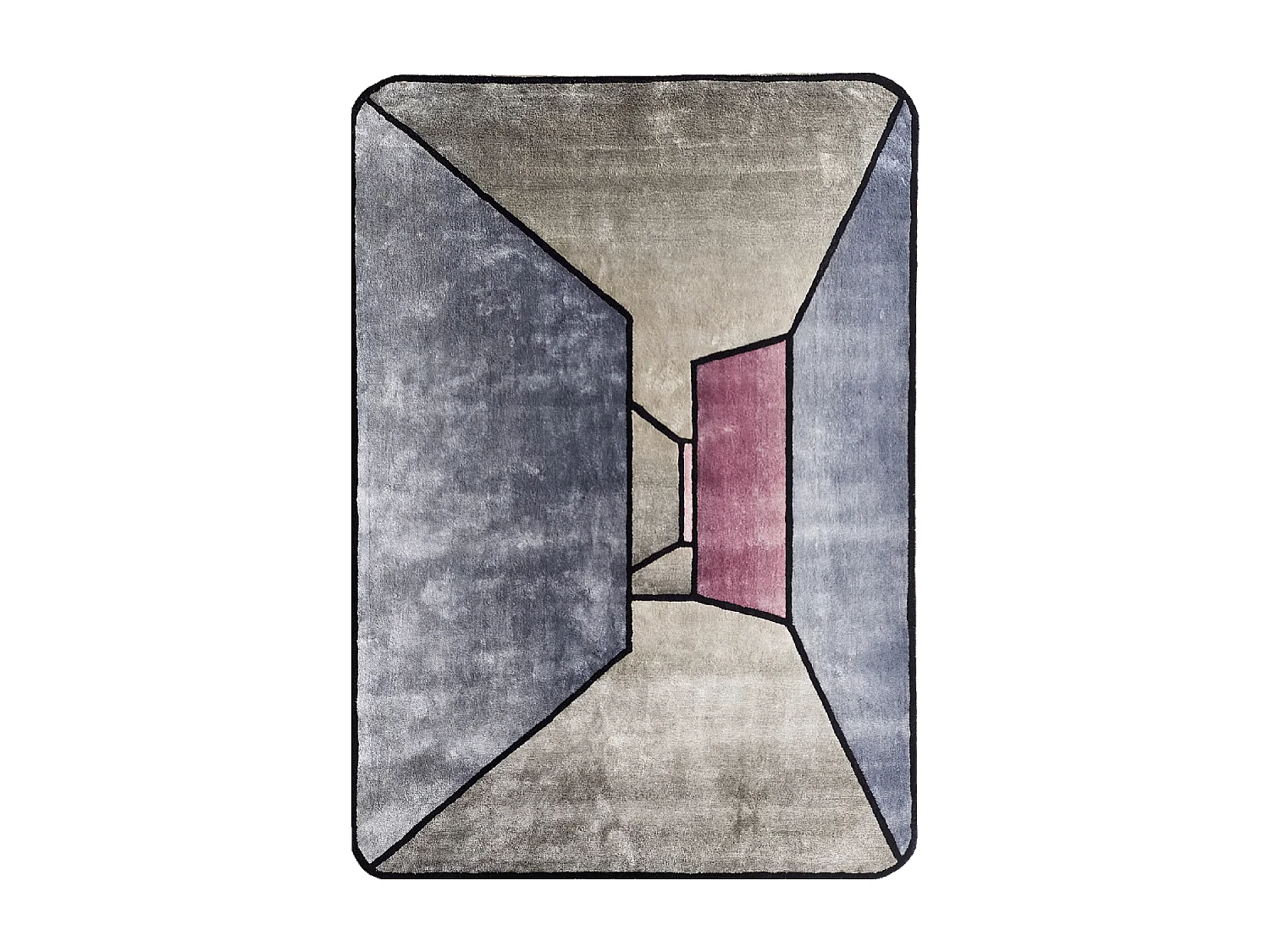 tapis salon 200x300 fait à la main en laine gris et bleu motif géométrique