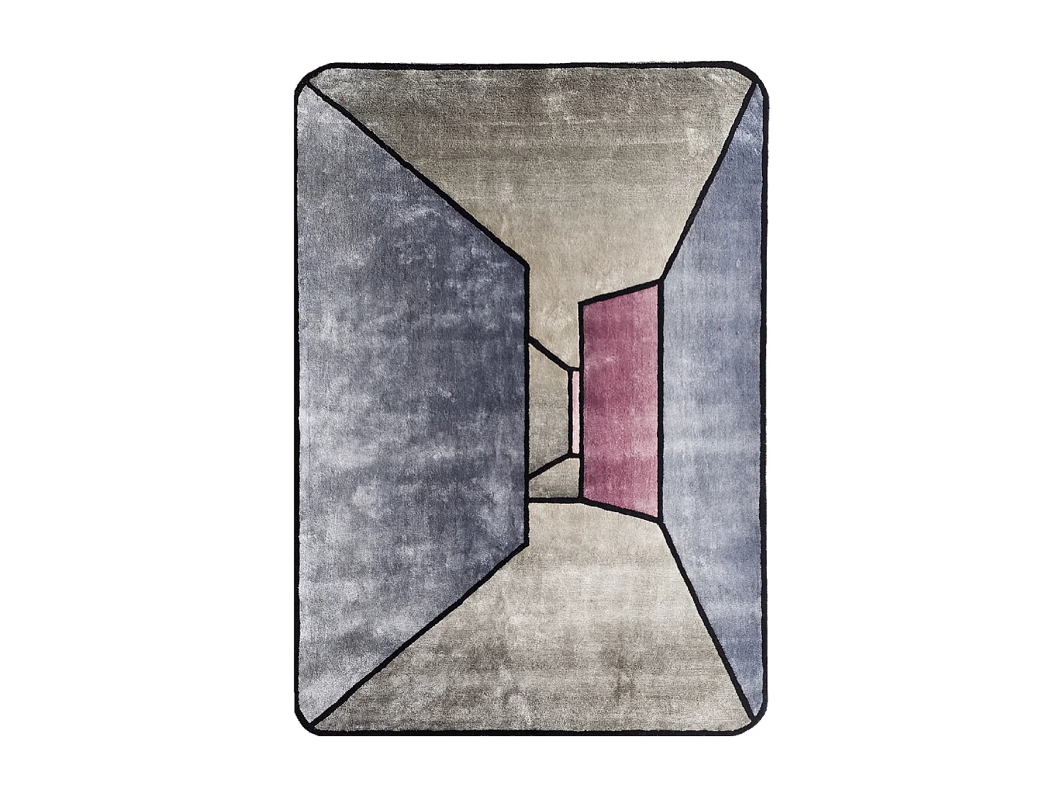 tapis salon 200x300 fait à la main en laine gris et bleu motif géométrique