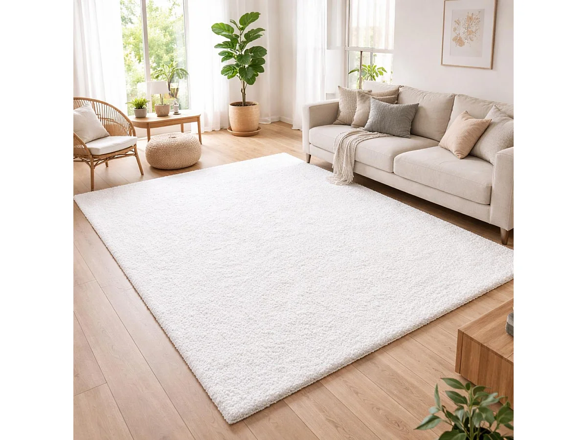 Tapis poils longs shaggy 60x110 rectangle tissé crème motif uni UNI L