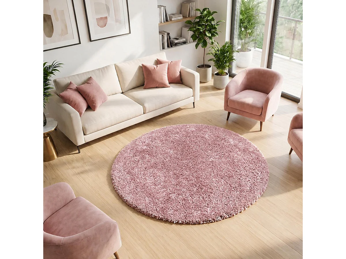 Alfombra Shaggy de pelo largo Ø120cm redonda tejida rosa liso UNI I