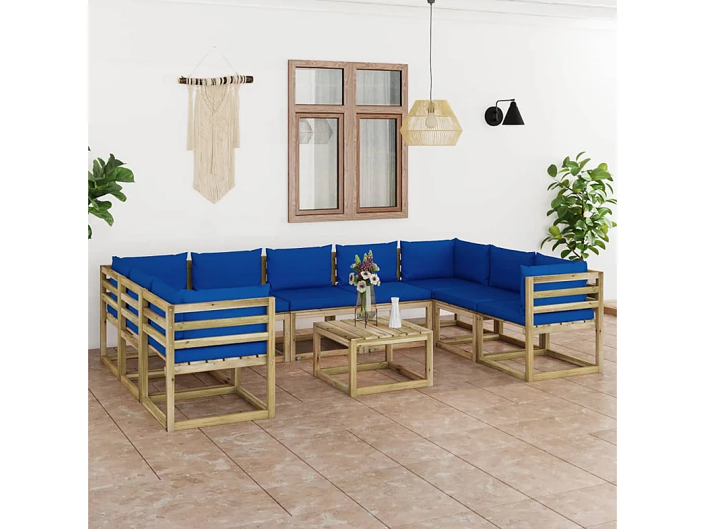 Salon de jardin 10 pcs avec coussins bois de pin imprégné