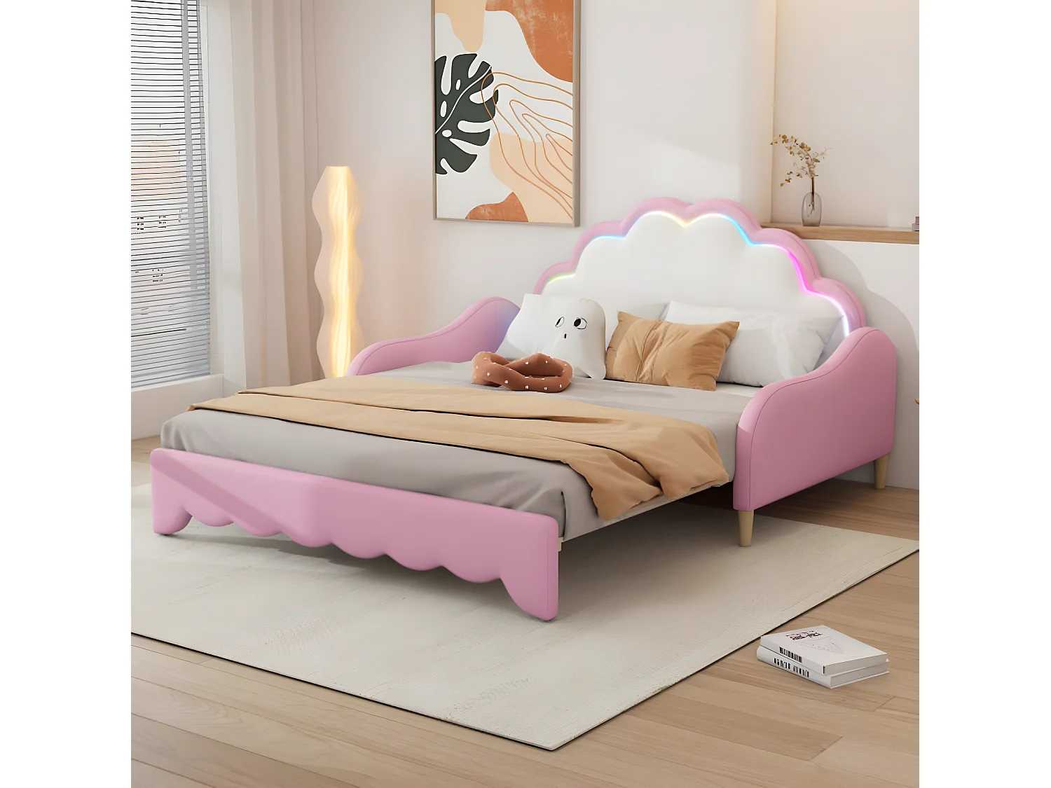 Cama 140 * 200 cm conversível em cama plana, rosa