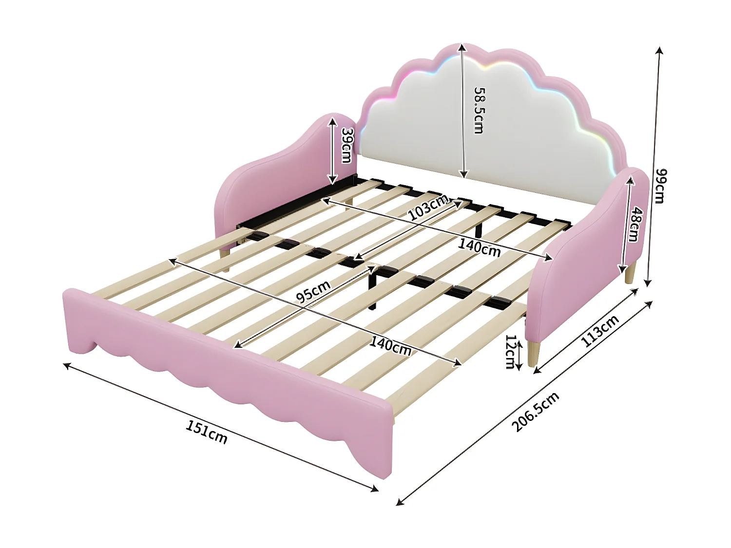 Cama 140 * 200 cm conversível em cama plana, rosa