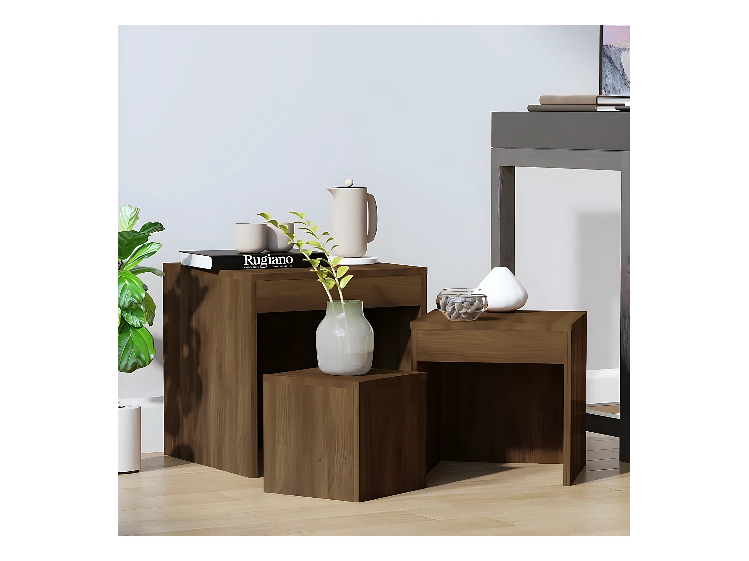 Tavolini impilabili 3 pezzi Rovere marrone MDF
