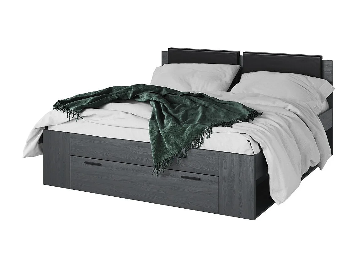 Slaapkamer FLOYD: Kledingkast 200cm, Bed 160x200, dressoir, nachtkastjes. Kleur grijs met houteffect.