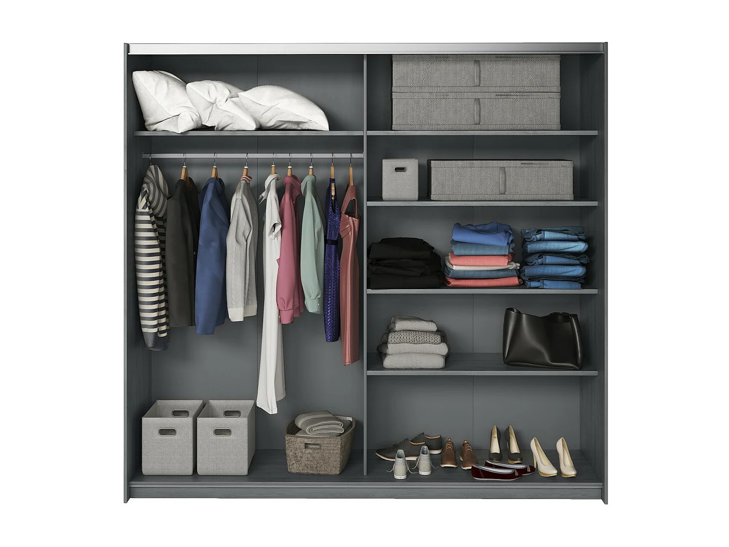 Slaapkamer FLOYD: Kledingkast 200cm, Bed 160x200, dressoir, nachtkastjes. Kleur grijs met houteffect.