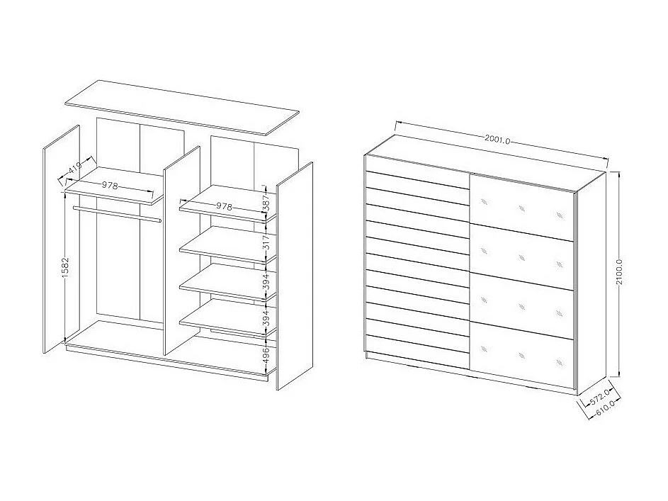 Slaapkamer FLOYD: Kledingkast 200cm, Bed 160x200, dressoir, nachtkastjes. Kleur grijs met houteffect.