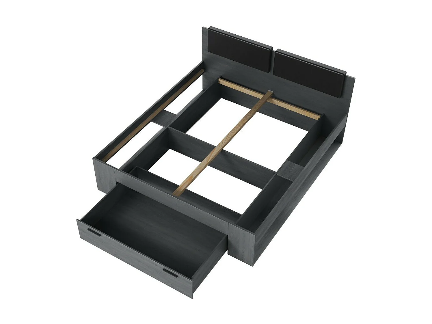 Slaapkamer FLOYD: Kast 220cm, Bed 180x200, dressoir, nachtkastjes. Kleur grijs met houteffect.