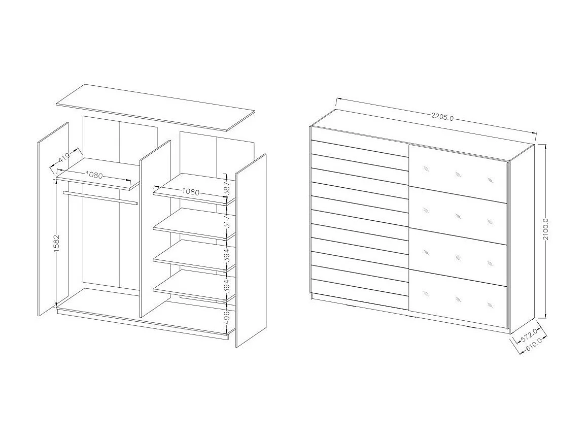 Slaapkamer FLOYD: Kast 220cm, Bed 180x200, dressoir, nachtkastjes. Kleur grijs met houteffect.