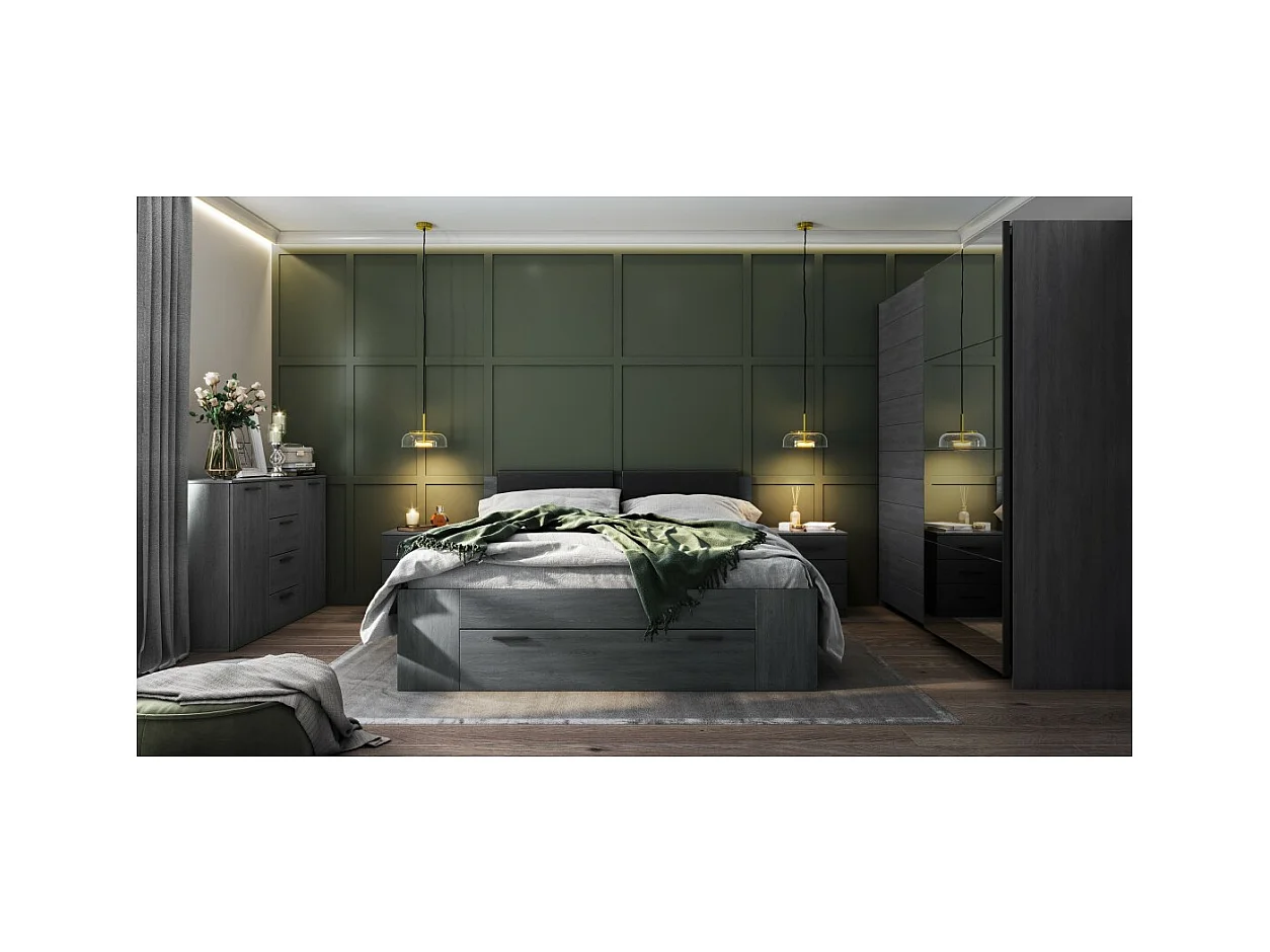Chambre à coucher FLOYD : Armoire 220cm, Lit 160x200, commode, chevets. Coloris gris effet bois.