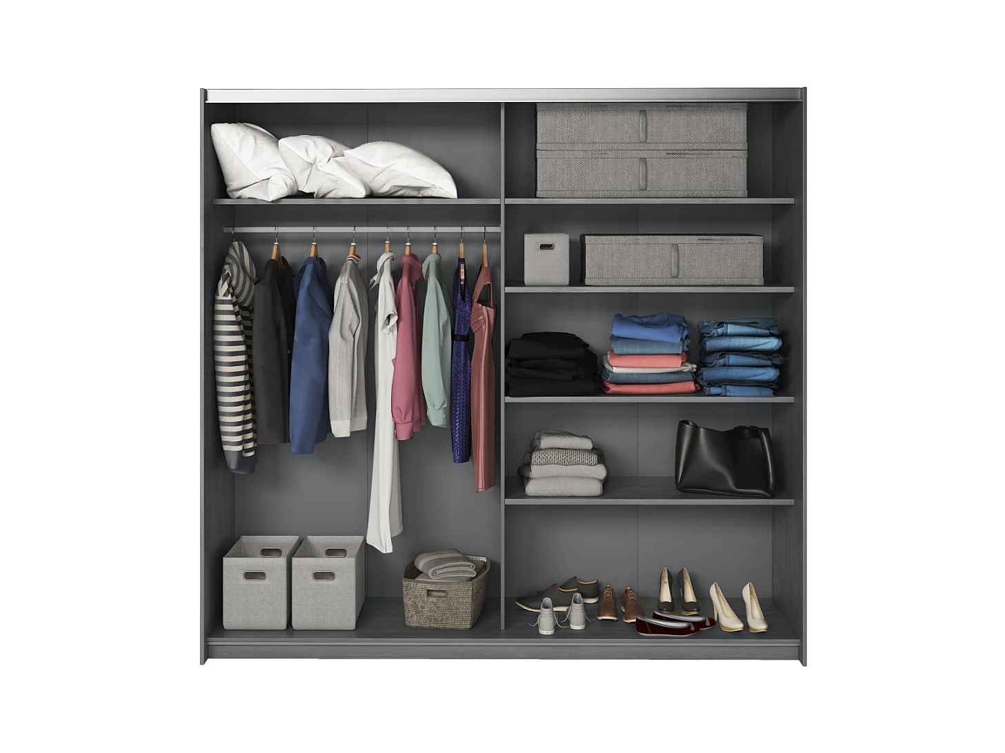 Schlafzimmer FLOYD: Kleiderschrank 220cm, Bett 160x200, Kommode, Nachttische. Farbe Grau in Holzoptik.