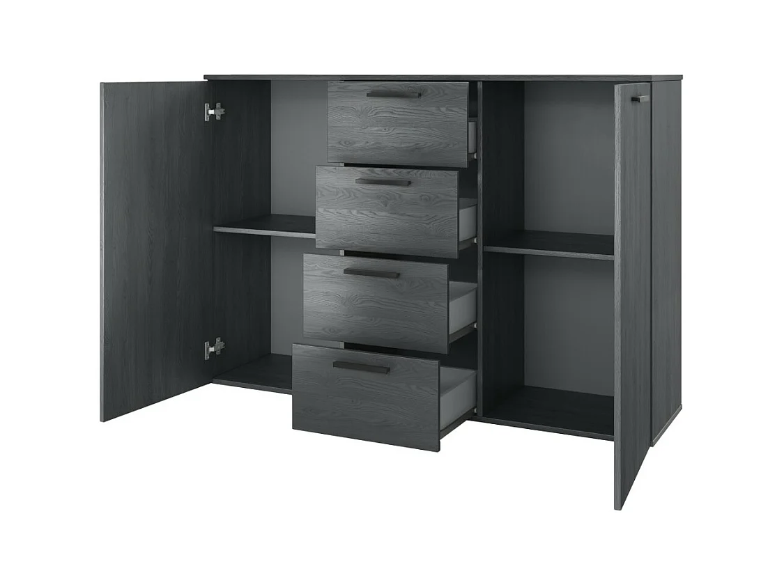 Schlafzimmer FLOYD: Kleiderschrank 220cm, Bett 160x200, Kommode, Nachttische. Farbe Grau in Holzoptik.