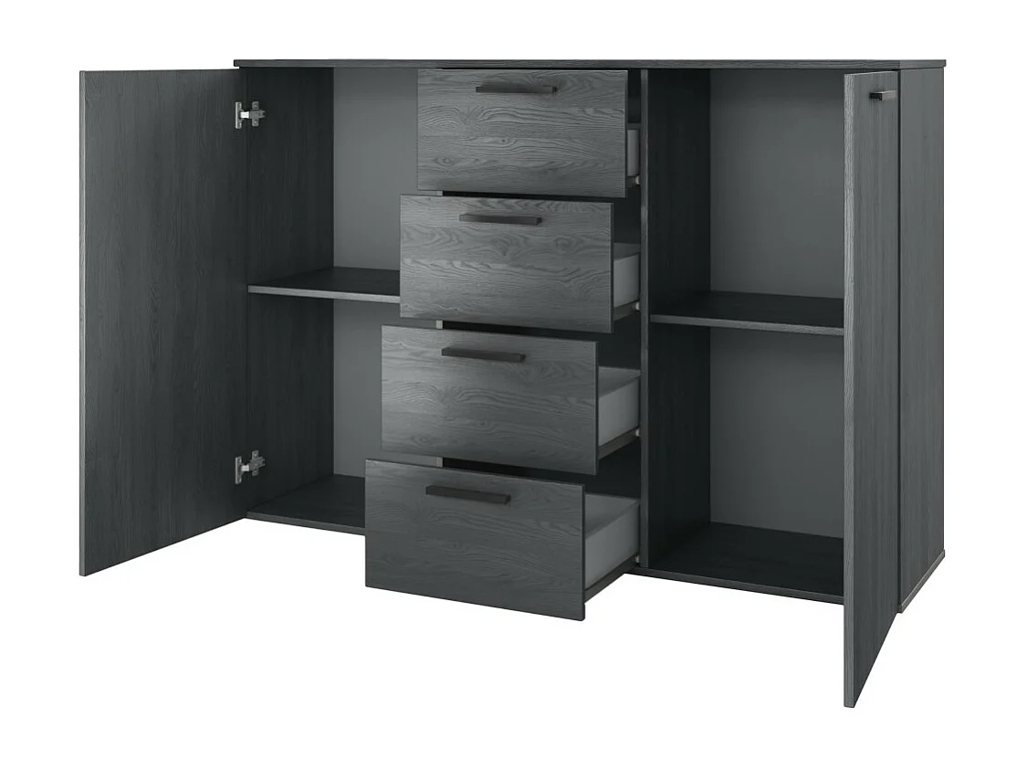 Chambre à coucher FLOYD : Armoire 220cm, Lit 160x200, commode, chevets. Coloris gris effet bois.