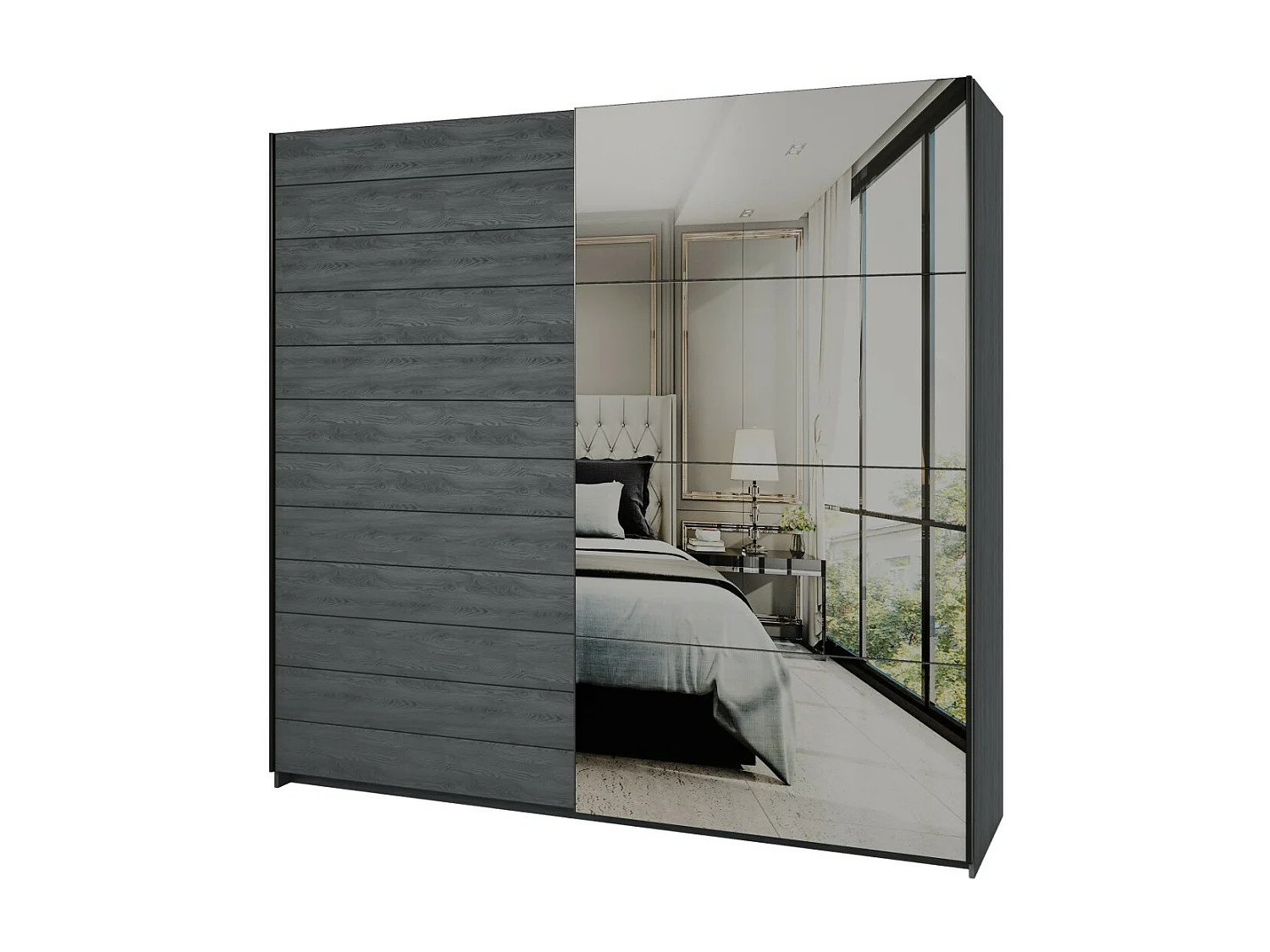 Slaapkamer FLOYD: Kast 200cm, Bed 180x200, dressoir, nachtkastjes. Kleur grijs met houteffect.