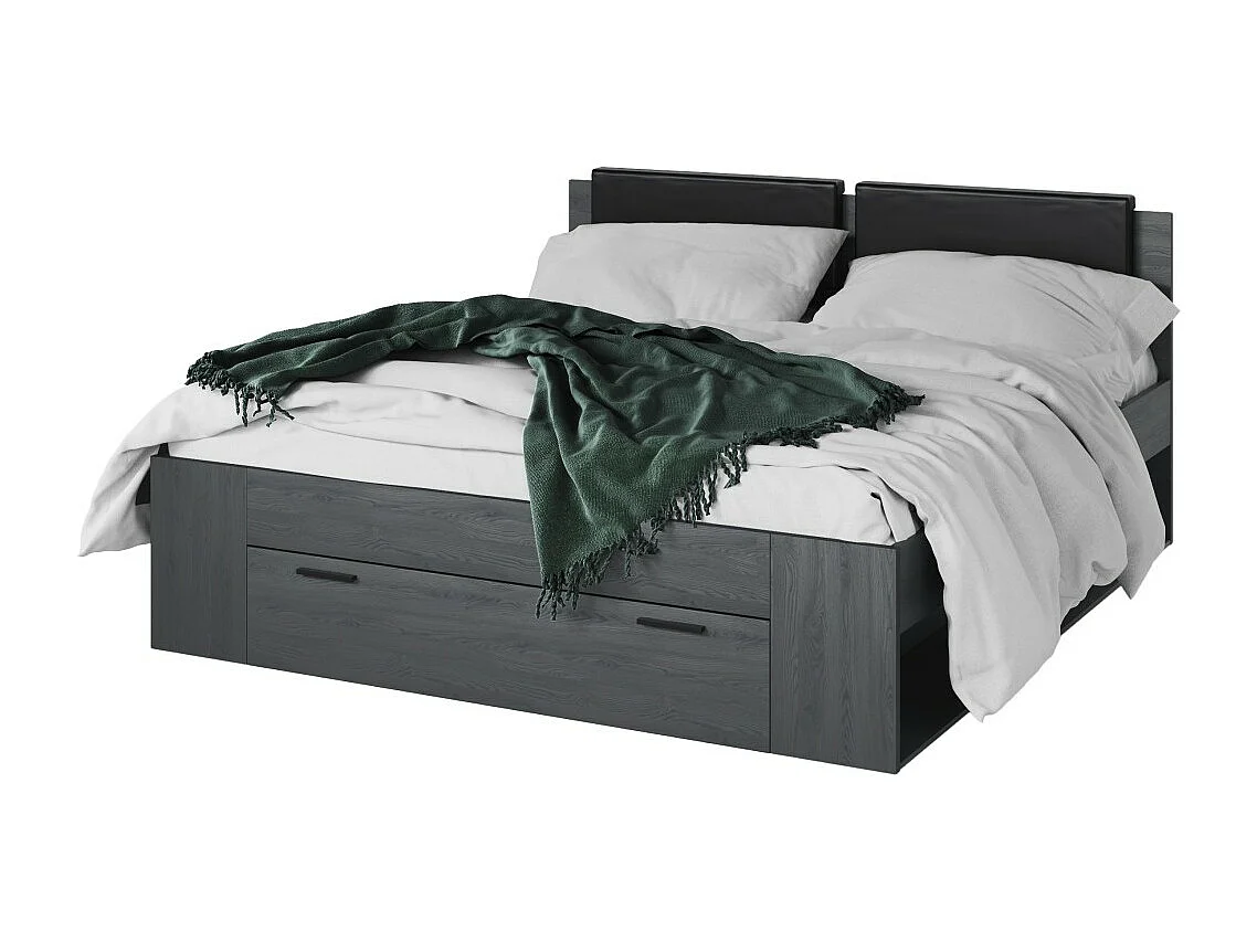 Slaapkamer FLOYD: Kast 200cm, Bed 180x200, dressoir, nachtkastjes. Kleur grijs met houteffect.