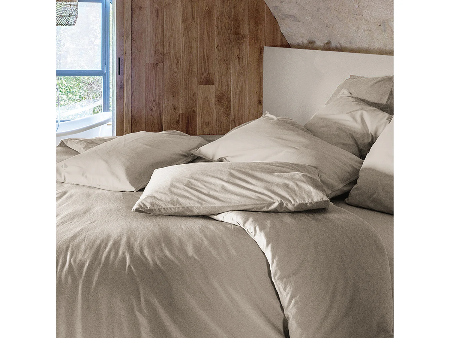 Parure de lit 260x240 cm et 65x65 cm coton lavé PALACE beige lin 3 pièces