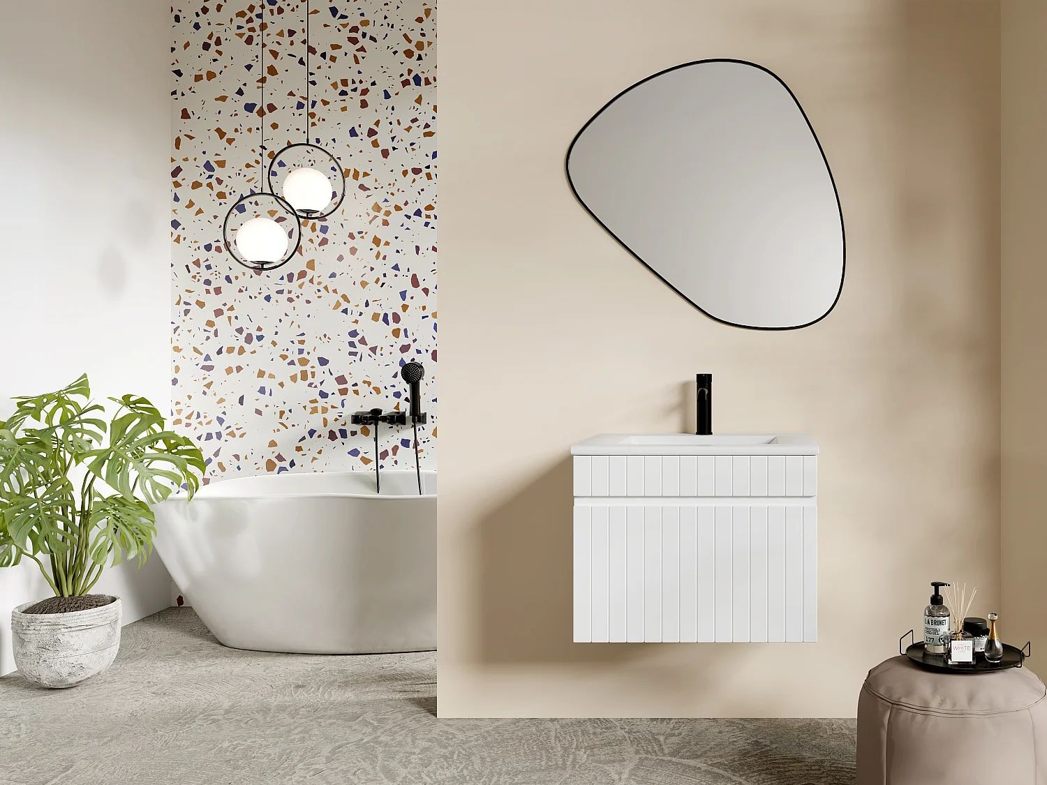 Meuble sous vasque suspendu strié blanc - 60 cm - SATARA