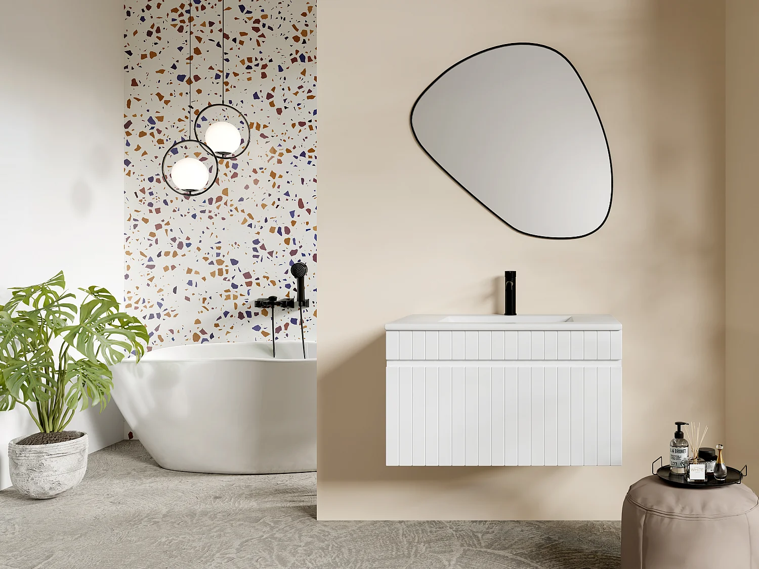 Meuble sous vasque suspendu strié blanc - 80 cm - SATARA