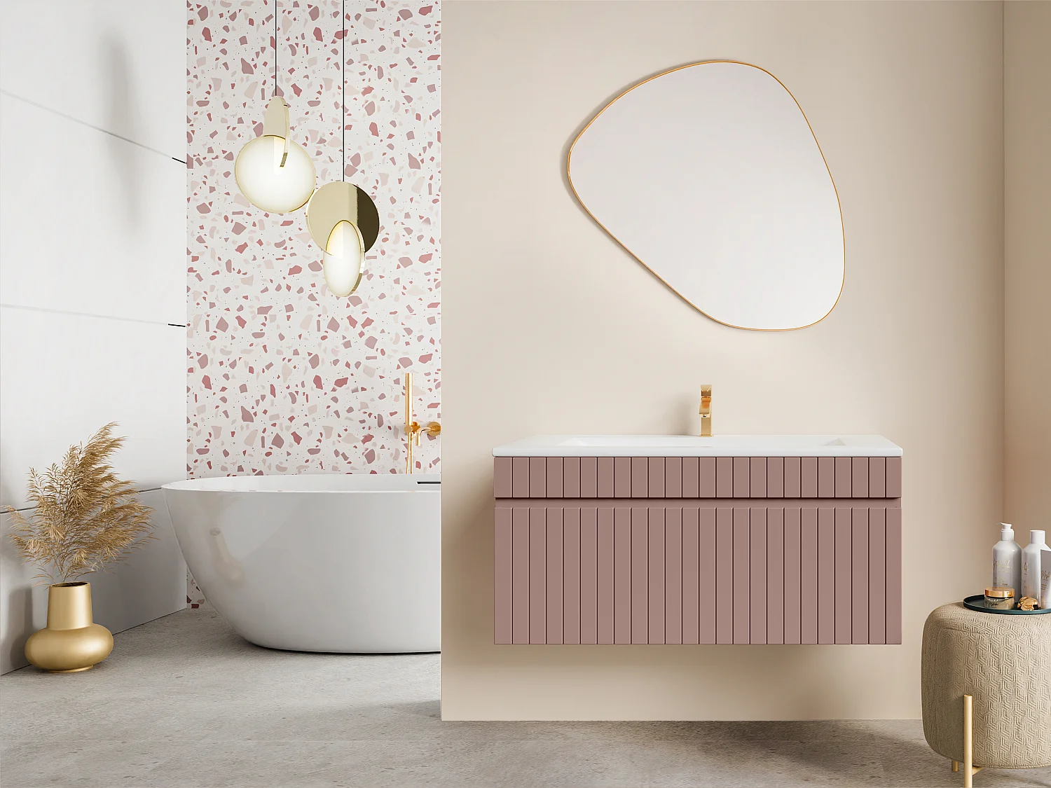 Meuble sous vasque suspendu strié rose - 100 cm - SATARA