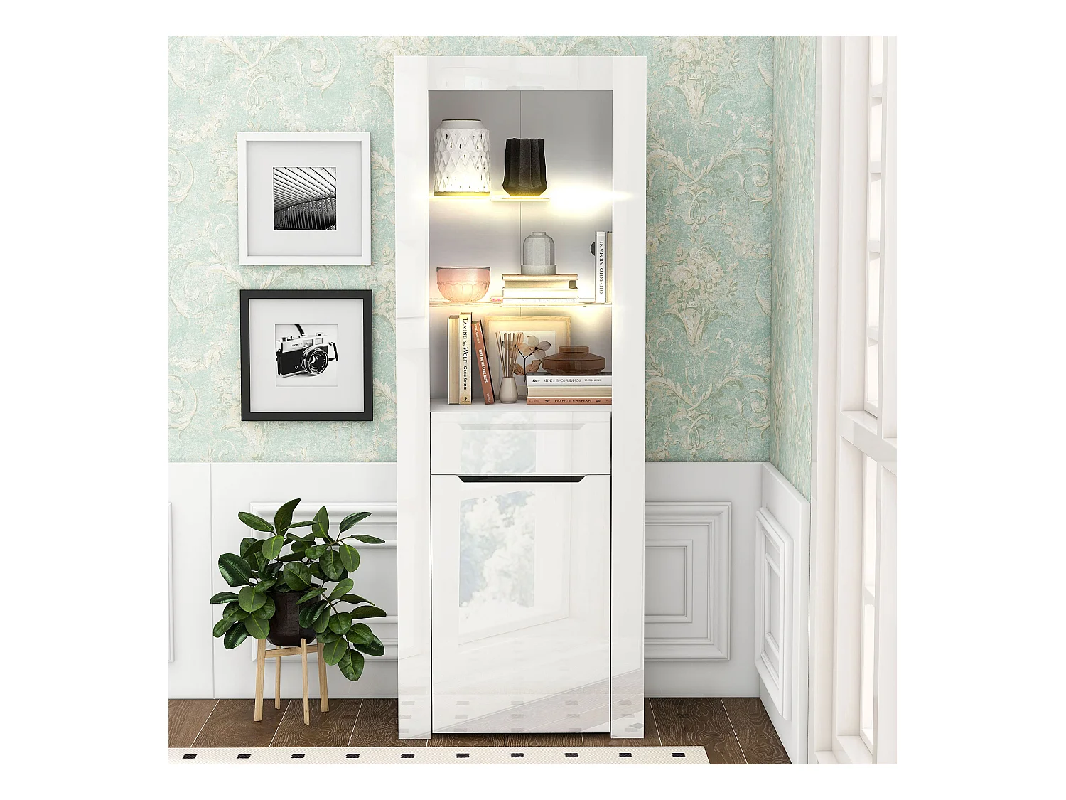 Vitrine met LED-verlichting, opbergmeubel met planken, wit