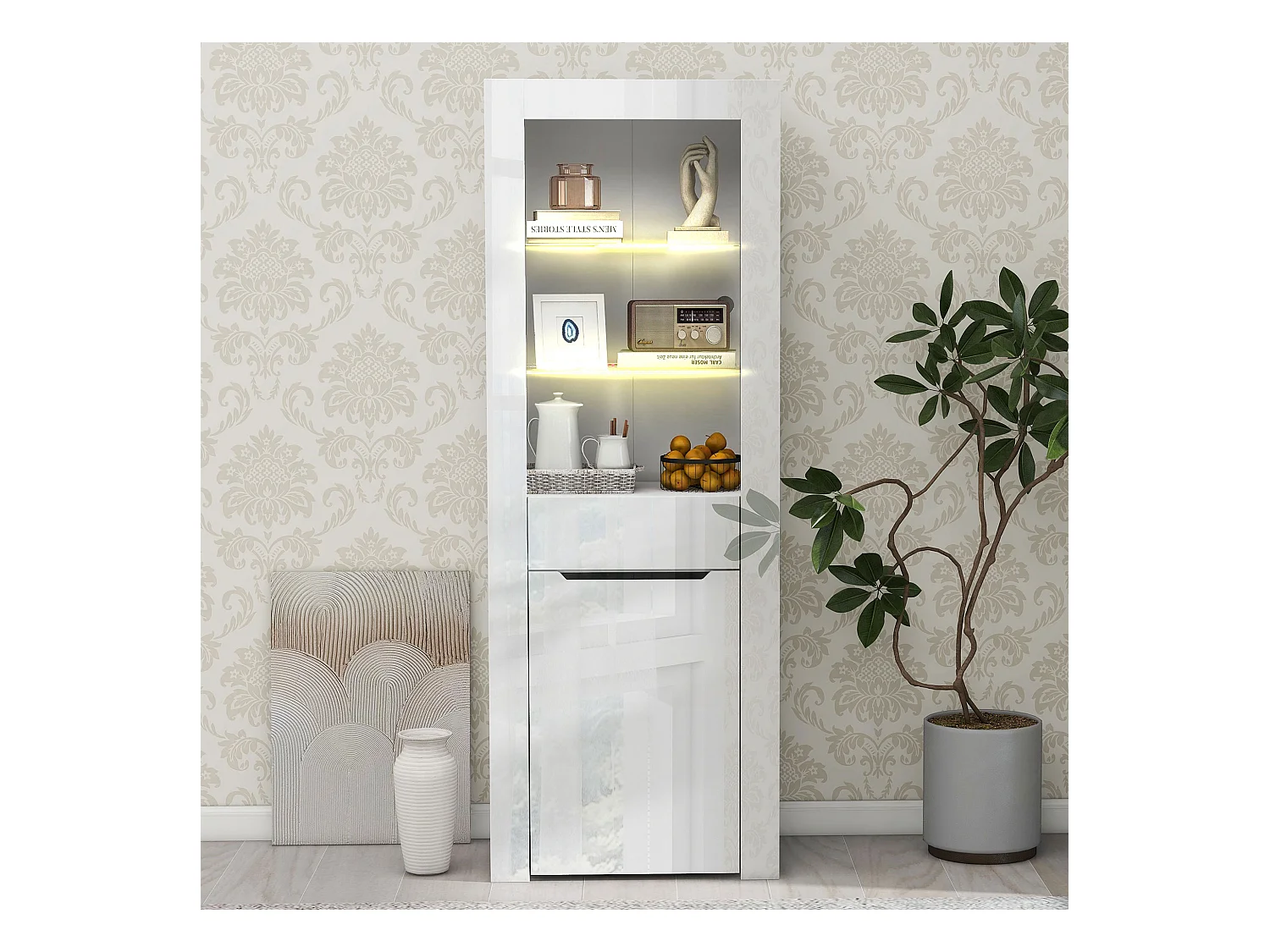 Vitrine mit LED-Beleuchtung, Aufbewahrungseinheit mit Regalen, weiß