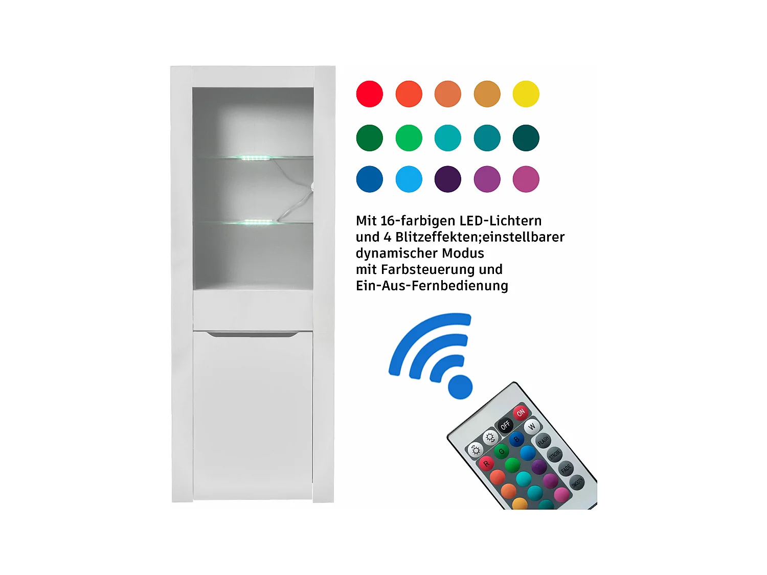 Vitrine mit LED-Beleuchtung, Aufbewahrungseinheit mit Regalen, weiß